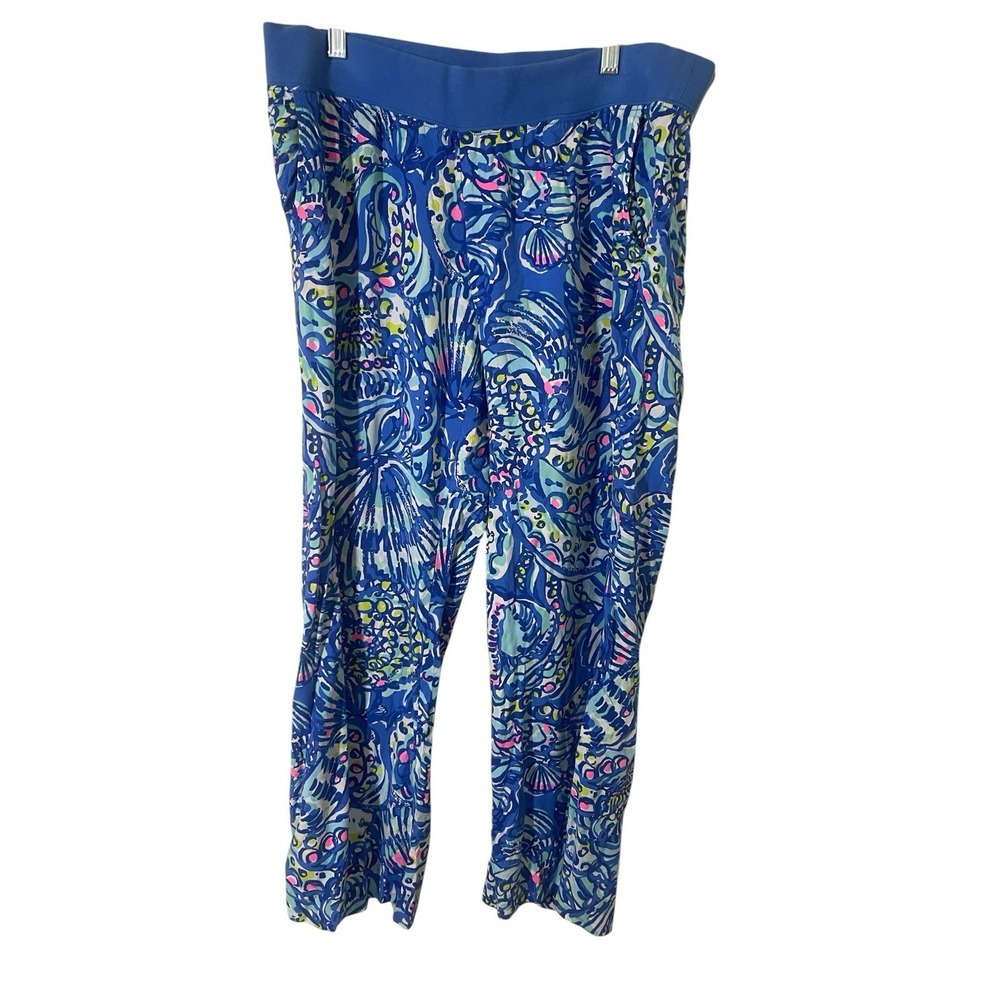 LILLY PULITZER WOMENS LARGE SEASIDE PANTS  BEACH PALAZZO CASUAL BLUE CEVICHE